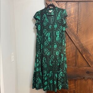 Entro Teal and Black Patterned Midi Dress